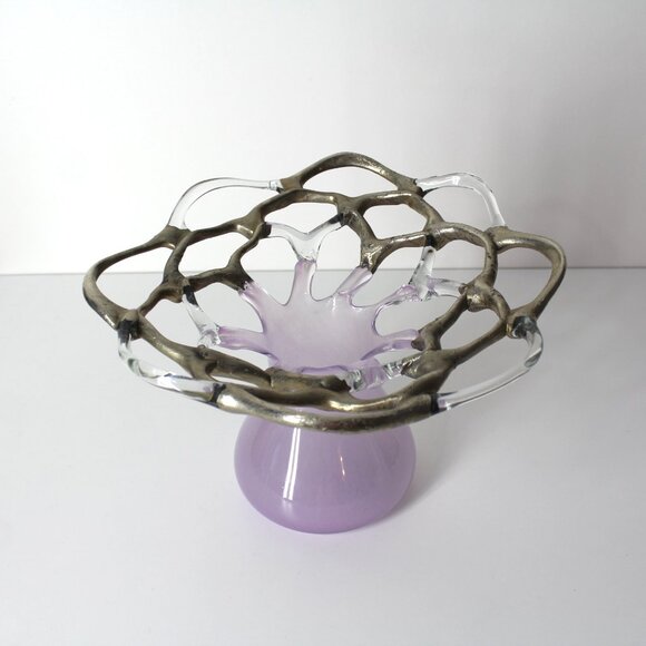 M Duca Hand Blown Mid-Century Glass Lattice Web Vase Gold Lavender Signed - Picture 5 of 16